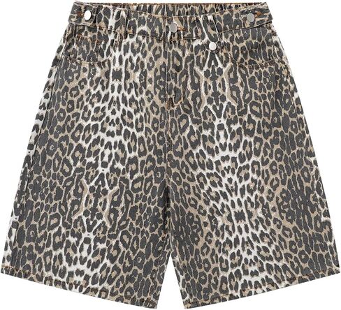 Unisex Leopard Jorts Women Baggy Cheetah Shorts Vintage Straight Leg Jeans Casual Y2K Streetwear in Saudi Arabia