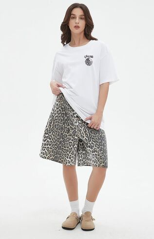 Unisex Leopard Jorts Women Baggy Cheetah Shorts Vintage Straight Leg Jeans Casual Y2K Streetwear in Saudi Arabia