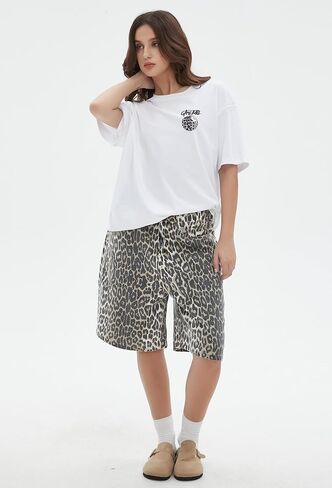 Unisex Leopard Jorts Women Baggy Cheetah Shorts Vintage Straight Leg Jeans Casual Y2K Streetwear in Saudi Arabia