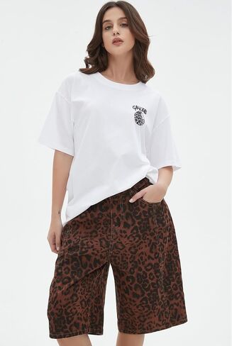 Unisex Leopard Jorts Women Baggy Cheetah Shorts Vintage Straight Leg Jeans Casual Y2K Streetwear in Saudi Arabia