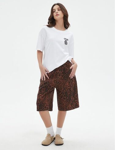 Unisex Leopard Jorts Women Baggy Cheetah Shorts Vintage Straight Leg Jeans Casual Y2K Streetwear in Saudi Arabia
