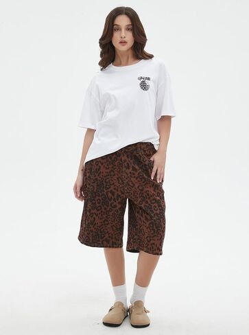 Unisex Leopard Jorts Women Baggy Cheetah Shorts Vintage Straight Leg Jeans Casual Y2K Streetwear in Saudi Arabia