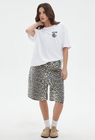 Unisex Leopard Jorts Women Baggy Cheetah Shorts Vintage Straight Leg Jeans Casual Y2K Streetwear in Kuwait