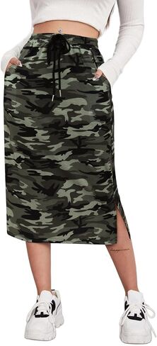 SOFIA'S CHOICE Women's Midi Skirt Drawstring High Waist Slit Skirts with Pockets in Saudi Arabia