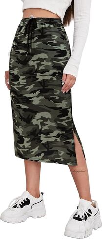 SOFIA'S CHOICE Women's Midi Skirt Drawstring High Waist Slit Skirts with Pockets in Saudi Arabia