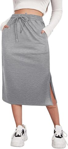 SOFIA'S CHOICE Women's Midi Skirt Drawstring High Waist Slit Skirts with Pockets in Saudi Arabia