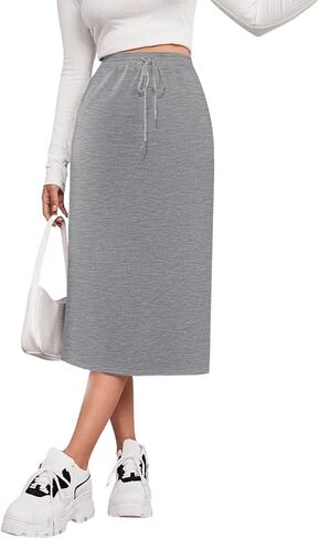 SOFIA'S CHOICE Women's Midi Skirt Drawstring High Waist Slit Skirts with Pockets in Saudi Arabia