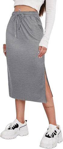 SOFIA'S CHOICE Women's Midi Skirt Drawstring High Waist Slit Skirts with Pockets in Saudi Arabia