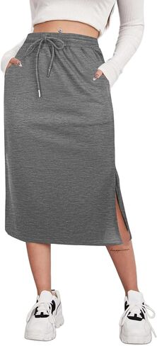 SOFIA'S CHOICE Women's Midi Skirt Drawstring High Waist Slit Skirts with Pockets in Saudi Arabia