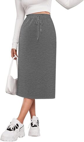 SOFIA'S CHOICE Women's Midi Skirt Drawstring High Waist Slit Skirts with Pockets in Saudi Arabia
