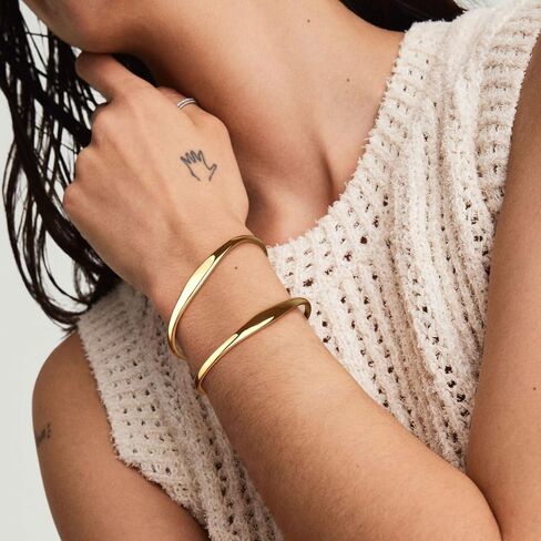 Gold Cuff Bracelets Stackable Plain Dome Adjustable Open Bracelets for Women Classic Dainty Cute Oval Lightweight Polished Bracelet （Gold and Silver） in Saudi Arabia