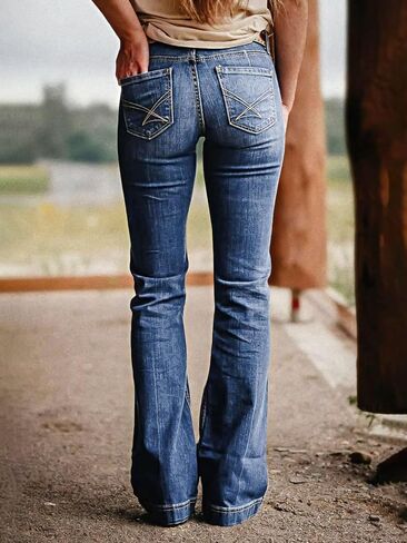 Flamingals Mid Waist Boot Cut Jeans for Women Straight Leg Jeans Cowgirl Trendy Jeans Denim Pants in Saudi Arabia