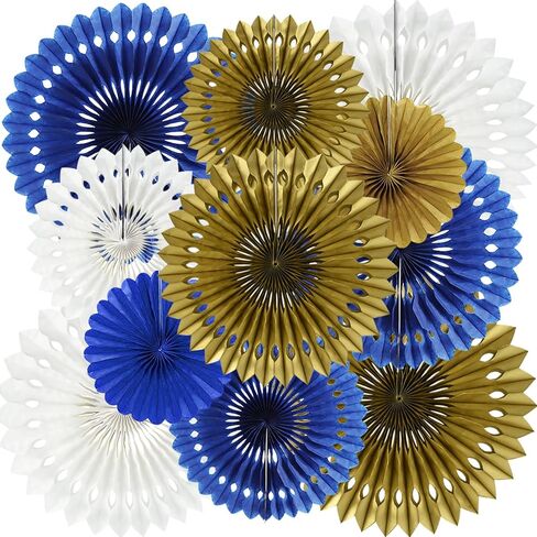 BEISHIDA Blue Gold White Hanging Honeycomb Round Paper Fans Decoration Set for New Year Baby Shower Birthday Wedding Bachelorette Photo Booth Backdrops Anniversary Paper Party Supplies（11packs） in Kuwait