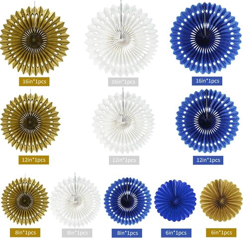 BEISHIDA Blue Gold White Hanging Honeycomb Round Paper Fans Decoration Set for New Year Baby Shower Birthday Wedding Bachelorette Photo Booth Backdrops Anniversary Paper Party Supplies（11packs） in Kuwait
