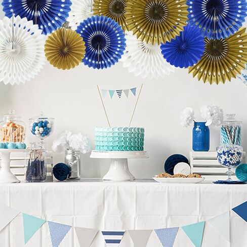 BEISHIDA Blue Gold White Hanging Honeycomb Round Paper Fans Decoration Set for New Year Baby Shower Birthday Wedding Bachelorette Photo Booth Backdrops Anniversary Paper Party Supplies（11packs） in Kuwait