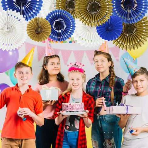 BEISHIDA Blue Gold White Hanging Honeycomb Round Paper Fans Decoration Set for New Year Baby Shower Birthday Wedding Bachelorette Photo Booth Backdrops Anniversary Paper Party Supplies（11packs） in Kuwait