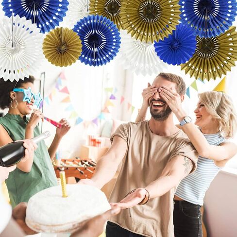 BEISHIDA Blue Gold White Hanging Honeycomb Round Paper Fans Decoration Set for New Year Baby Shower Birthday Wedding Bachelorette Photo Booth Backdrops Anniversary Paper Party Supplies（11packs） in Kuwait