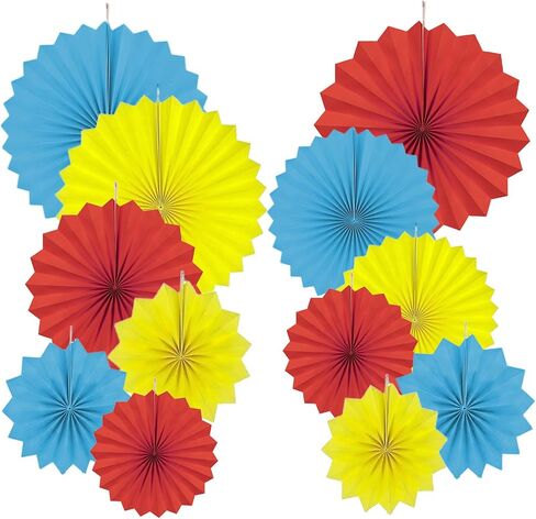 Paper Round Fan Party Decorations, Blue Yellow Red Hanging Fans for Carnival Circus,Cartoon,Sport, Birthday Party, Baby Shower, Graduation Events,Set of 12(8",10",12",14") in Saudi Arabia