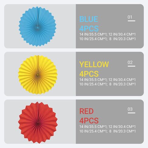 Paper Round Fan Party Decorations, Blue Yellow Red Hanging Fans for Carnival Circus,Cartoon,Sport, Birthday Party, Baby Shower, Graduation Events,Set of 12(8",10",12",14") in Saudi Arabia