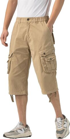 Mens Long Cargo Shorts Below Knee 3/4 Stretch Twill Cotton Relaxed Fit Elastic Waist Cargo Shorts for Men in Saudi Arabia