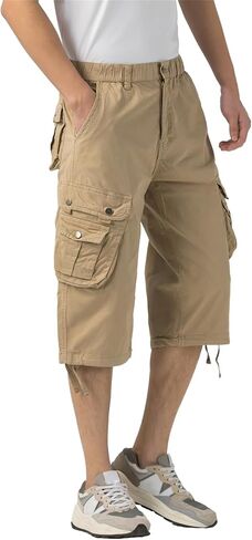 Mens Long Cargo Shorts Below Knee 3/4 Stretch Twill Cotton Relaxed Fit Elastic Waist Cargo Shorts for Men in Saudi Arabia