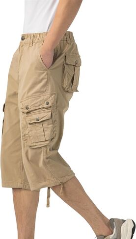 Mens Long Cargo Shorts Below Knee 3/4 Stretch Twill Cotton Relaxed Fit Elastic Waist Cargo Shorts for Men in Saudi Arabia