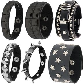 6 PCS Black Studded Leather Rivet Punk Bracelet for Men Women