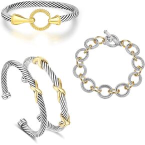 Cable Bracelets for Women - Stackable Two Tone Twisted Wire Cuff Bangle Set of 4