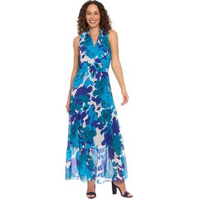 لندن تايمز بلا أكمام للسيدات v-tiled tier maxi floral chiffon print مرنة الخصر