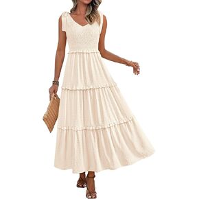 Okiwam Womens Summer Dresses 2025 Spring v Neck Ocleveless Tie Strap Maxi Beach Sundresses Boho Swiss Dot Wedding Guest Dress