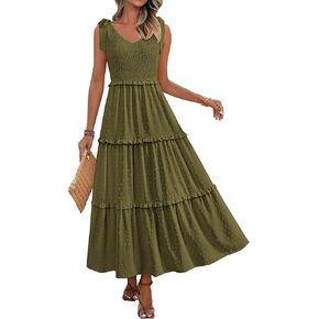 Okiwam Womens Summer Dresses 2025 Spring v Neck Ocleveless Tie Strap Maxi Beach Sundresses Boho Swiss Dot Wedding Guest Dress in Kuwait