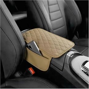 Mandark Car Center Console Cover, Leather Vehicle Armrest Seat Box Pad with 2 Storage Bags, Automotive Interior Arm Rest Protector Accessories, Universal for SUV, Sedan, Truck(Beige)