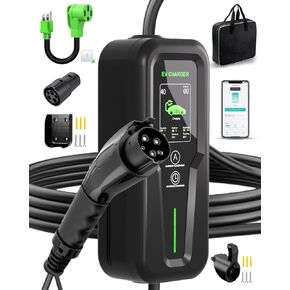 Portable Level 1&2 EV Charger (240V,40A,9.6KW) Current Adjustable with 25ft Charging Cable and NEMA 14-50 for SAE-J1772 Electric Vehicles and for Tesla, Reservation Charging Function WiFi Enabled