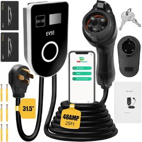 Level 2 EV Charger 48Amp 240V, 25ft Cable, EVSE w/ J1772 Connector, NEMA 14-50 Plug, WiFi Enabled, Smart Display, RFID Card Electric Car Charger
