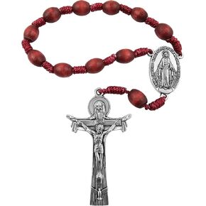 One Decade Pocket Catholic Rosary Wood Beads Rosaries for Car Rearview Mirror Virgin Mary Medal Centerpiece Holy Trinity Crucifix Cross Religious Gift with Linen Pouch