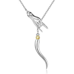 YAFEINI Italian Horn Hand Necklace Sterling Silver Cornicello and Mano Cornuto Birthstone Necklace Good Luck Italian Protection Amulet Pendant Jewelry for Women