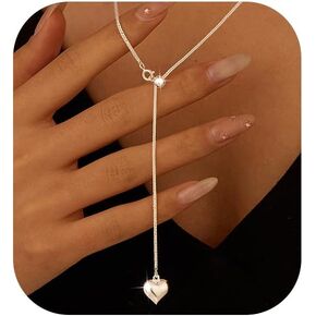 SUYACS 925 Sterling Silver Heart Pearl Long Necklaces for Women Large Pearl Big Sparkly Heart Y Shaped Pendant Long Chain Sweater Necklace Cute Adjustable Necklace Party Wedding Jewelry for Mom