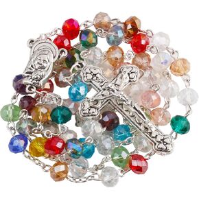 8mm Crystal Catholic Rosary Beads Women Necklace Holy Soil Medal Cross Crucifix Y Necklace with Velvet Bag