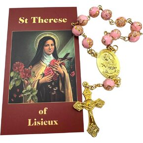 Westmon Works St Therese Chaplet Set Pink Bead Rose Gold Design Rosary One Decade Pack with Holy Prayer Card