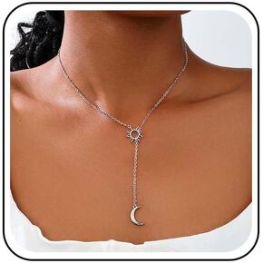 Boho Moon Lariat Necklace Chain Crescent Moon Pendant Necklace Vintage Sun Choker Necklace Sun Moon Y Drop Necklace Jewelry for Women