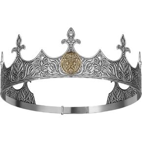 SWEETV King Crown for Men, Lion Crown for Male, Antique Silver Men's Tiara Prince Diadem, Royal Medieval Costume Hair Accessories for Cosplay Birthday Knight Halloween