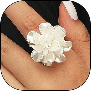 Rrdaily White Acrylic Petal Flower Open Ring for Women,Dainty Statement Floral Adjustable Camellia Ring,Sweet Wedding Anniversary Prom Jewelry Gifts
