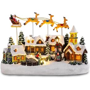 Taman Christmas Village Collectible Buildings - Santa Claus Riding Sleigh with 3-Elk Warm Light Christmas Ornaments for Holiday Decorations