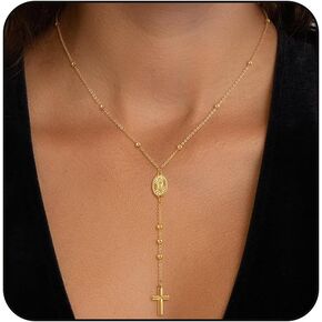 Lariat Gold Necklace for Women, Dainty Long 14K Gold/Silver Plated Cross Chain Necklaces Trendy Non Tarnish Gold Y Shaped Necklaces Romantic Waterproof Valentines Gold Jewelry for Women Gifts