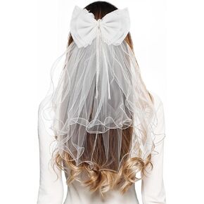 White Bachelorette Party Veil Bow Bride Veil Short Pearl Veils for Brides,Bridal Shower Gift for Women and Girls