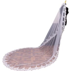 Long Wedding Veil for brides With Lace and Metal Comb,Cathedral Length 1 Tier Tulle Bridal Veils