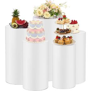 5 Pcs Cylinder Stands for Party, Large White Cake Pedestal Stand, 35.4''h, 29.5'' H, 23.6'' H, 21.6'' H, 19.7'' H, Round Reusable Dessert Display Tables for Birthday Wedding Baby Shower