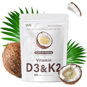 300 PCS 2 في 1 فيتامين D3 10000 IU Plus K2 (MK-7) 200 MCG زيت جوز الهند البكر الناعم مع الفيتامينات D&K يدعم امتصاص الكالسيوم ، العظام ، المناعة ، وصحة القلب-سهلة التبديل