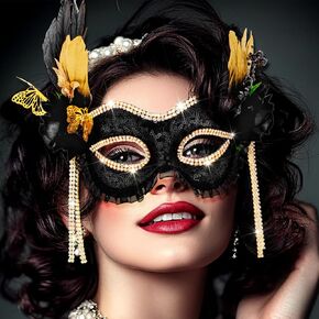 أسود تنكر قناع الكرة ريشة أقنعة الفراشة الذهب للنساء