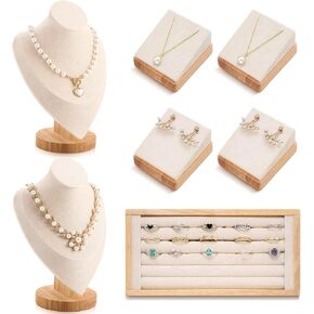 7 Pcs Velvet Jewelry Bust Display with Bamboo Stand Set Necklace Display Stand Bamboo Ring Organizer Earing Display Stand Jewelry Bust Display for Selling Home Trade Show